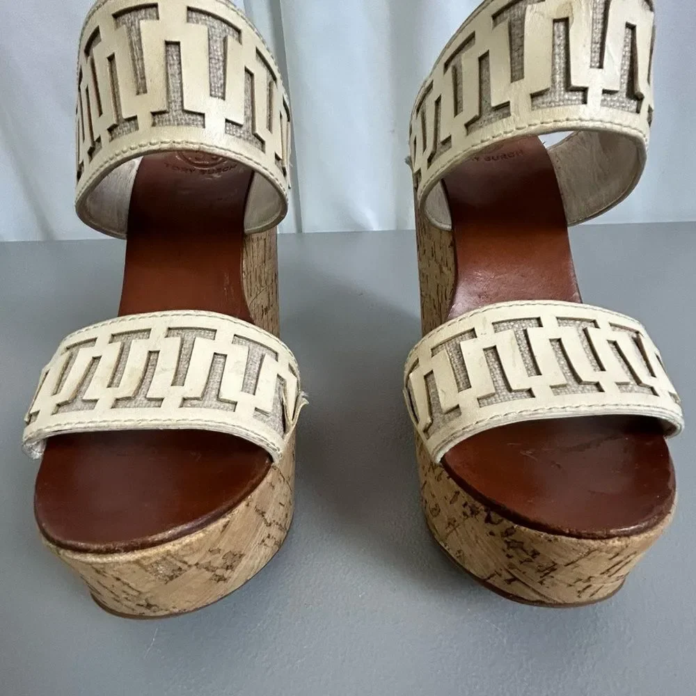 Tory Burch Tan and Cream Wedge Sandals size 8M